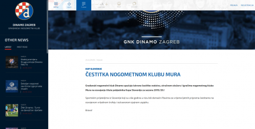 Za osvojeni pokal Slovenije je Muri čestital tudi Dinamo Zagreb.