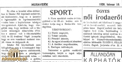 Občni zbor Mure je potekal 28. februarja 1928 v kavarni Benko.