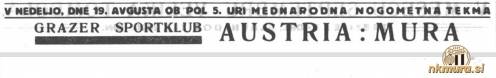 Vabilo na mednarodno tekmo Mura : Austria Graz.