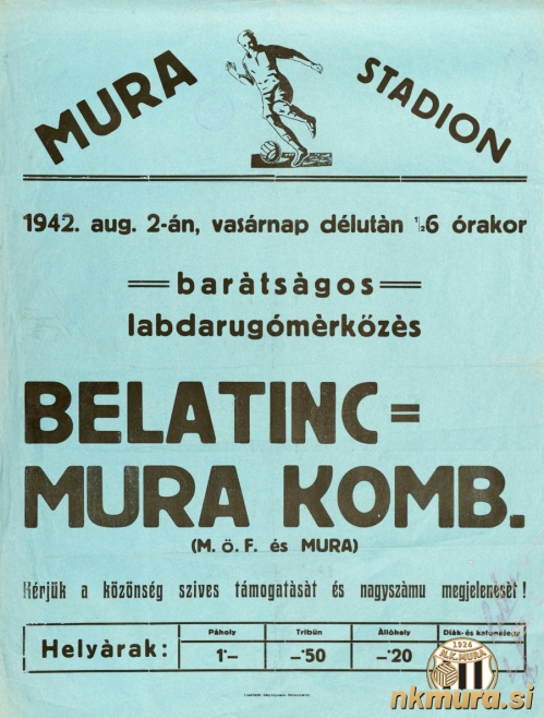 Vabilo na tekmo med kombinirano ekipo Mure in Beltinci. Tekma je bila odigrana 2. avgusta 1942 v Murski Soboti.