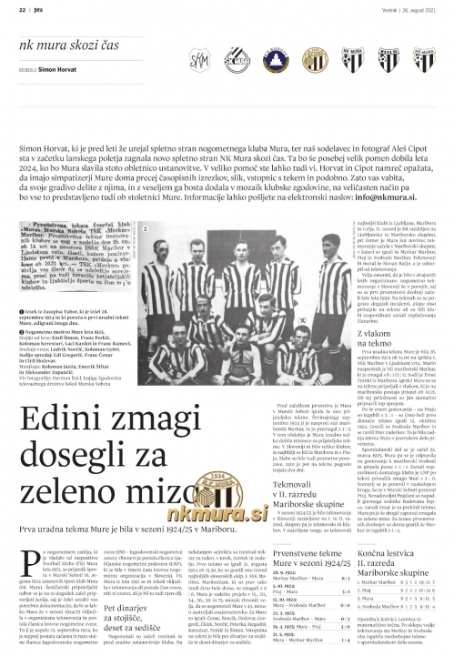 Članek iz Vestnika govori o prvi tekmovalni sezoni Mure 1924/25.