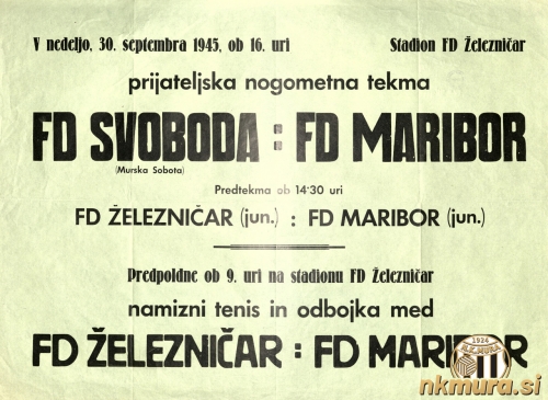 Vabilo na prijateljsko nogometno tekmo med Mariborom in Svobodo. Tekma je bila v Mariboru na stadionu Železničara.