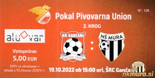 Vstopnica s tekme Gančani : Mura, 19. oktober 2022.