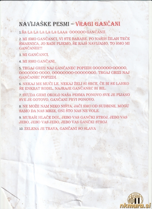 Seznam navijaških pesmi Vragov Gančani, ki so jih prepevali na tekmi.
