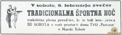 Murina noč je po preimenovanju Mure v Soboto postala Športna noč. Vabilo je iz leta 1954.
