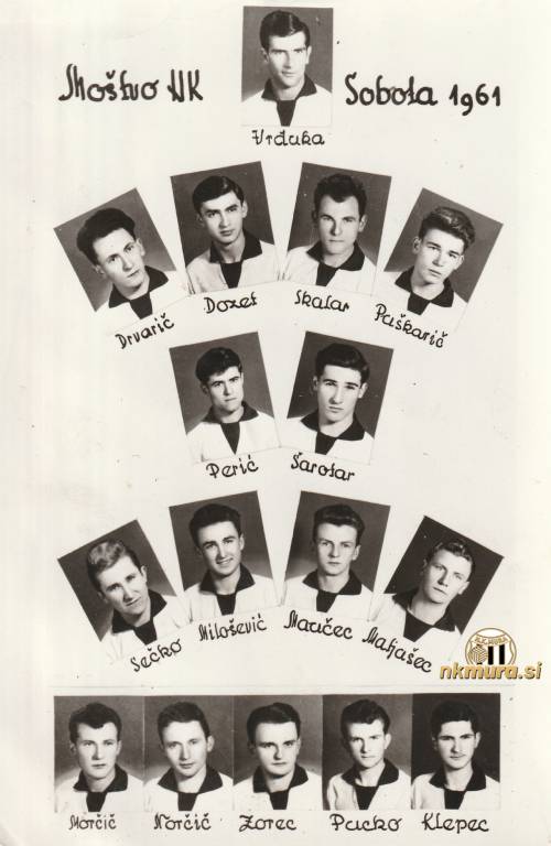 Nogometaši Sobote leta 1961 v sistemu 4-2-4. Fotografija je bila dolga leta simbol zgradbe nekdanjih slačilnic ob kopališču.
