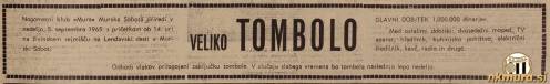 Vabilo na tombolo Mure, ki je bila 5. septembra 1965.