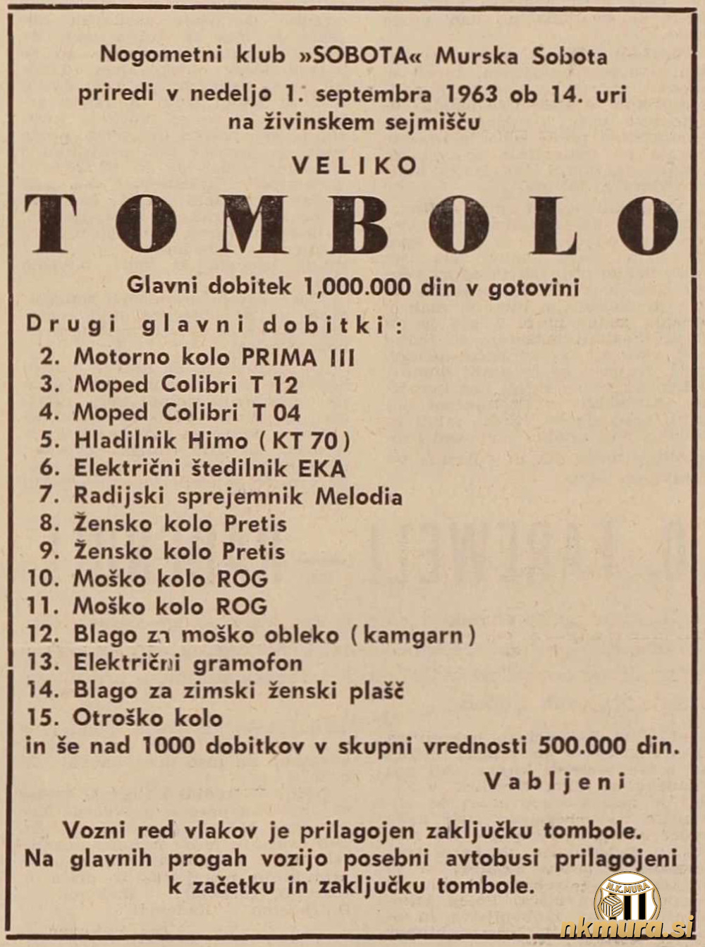 Dobitki na tradicionalni tomboli NK Sobota.
