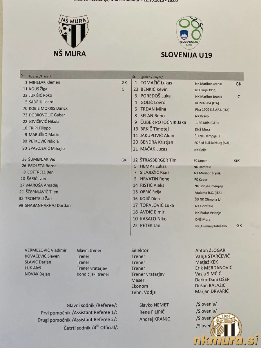 Zapisnik tekme med Muro in Slovenijo U19.